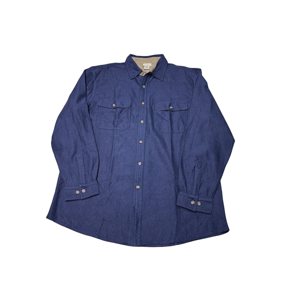 LL Bean Mens Herringbone Flannel Shirt Navy Blue Heavy Cotton Button Down Medium